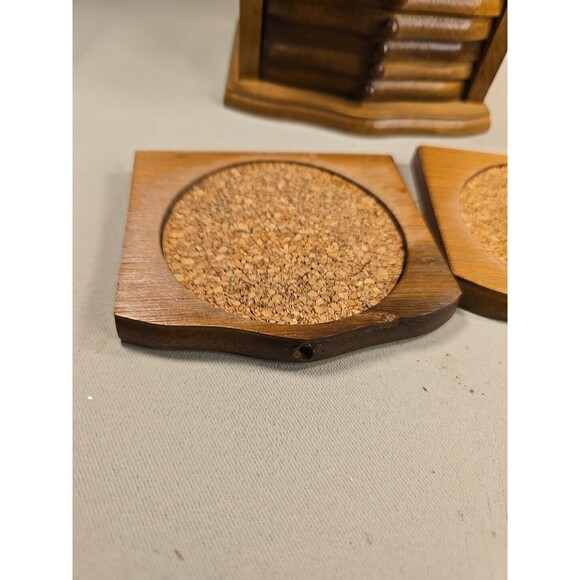 Vintage Cork Coaster Set with Wood Caddy Carrier Holder Brass Trim 082425 - Picture 5 of 10